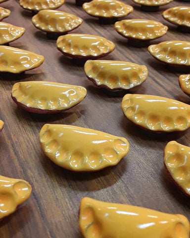 Mini Pierogi Set of 3 Magnets Gold Handmade in Pittsburgh by Local Yinzer Artists. Super Strong hold