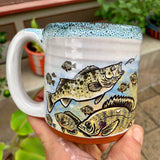 Muskie, Bluegill, Walleye Underwater Art Mug with Sea Green Blue Drip Glaze